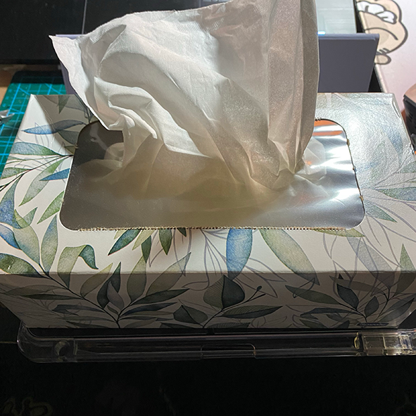 This is the tissue box. I utilize the sound of the paper towel pulling out as my audio.