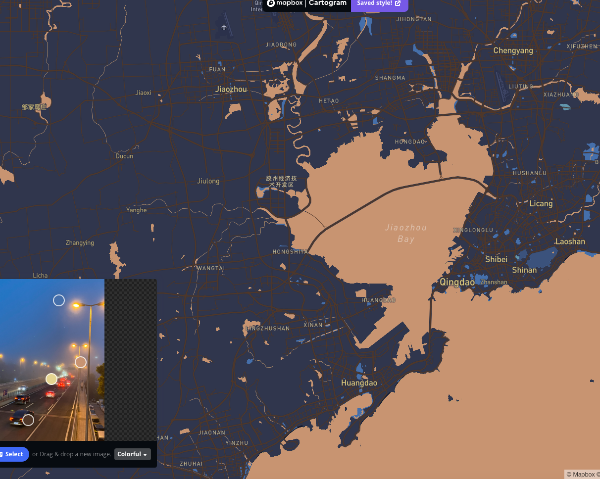 Map of Qingdao with dark blue and reddish brown colors.