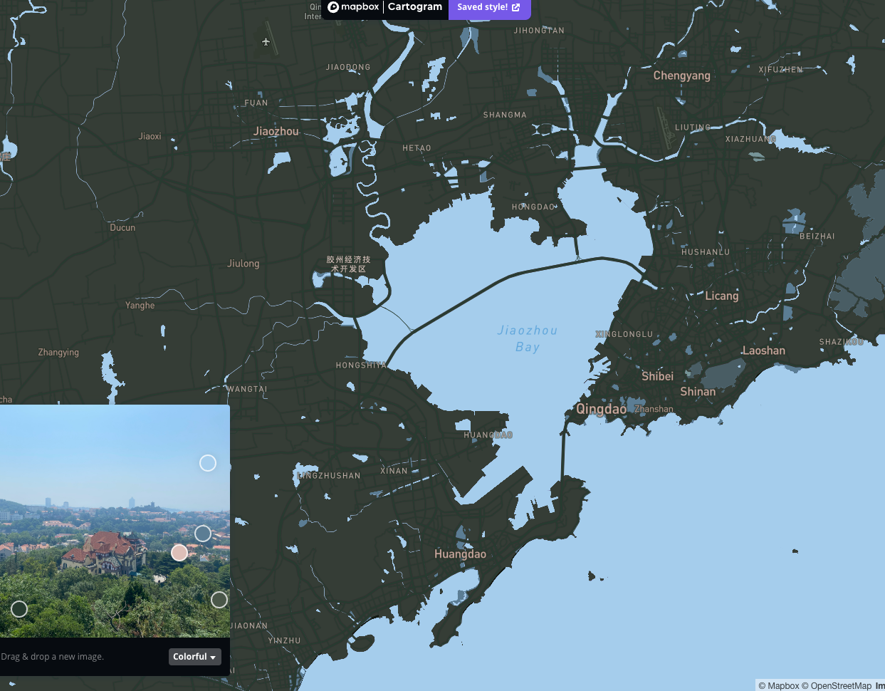 Map of Qingdao with dark green and blue color scheme.