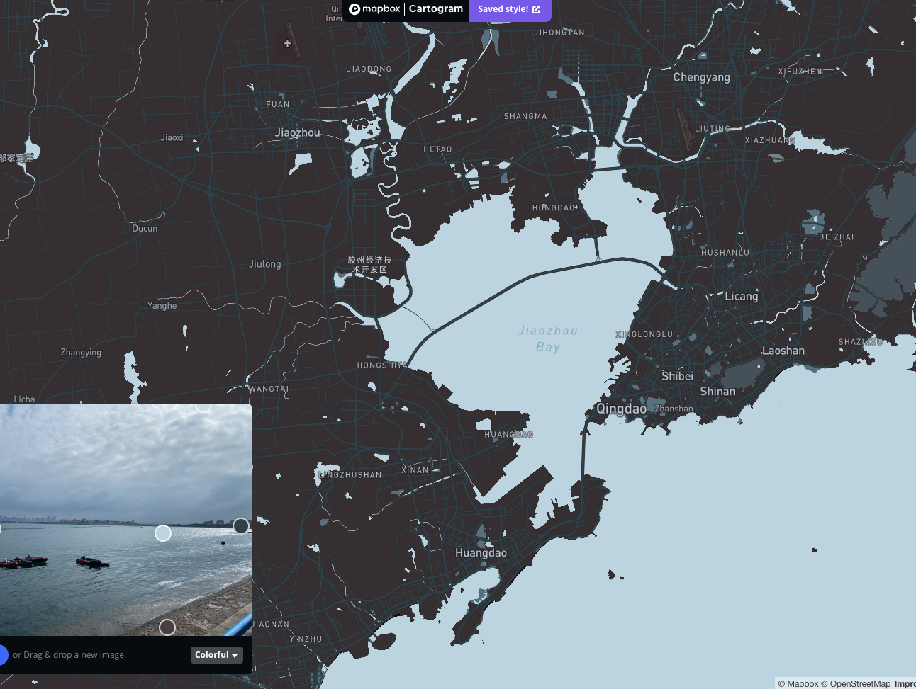 Map of Qingdao with dark blue and cyan colors.